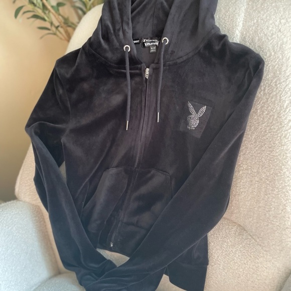 Y2K PLAYBOY Black Velour Hoodie - Picture 3 of 5